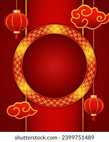 Vector Chinese new year illustration red ornament background with asian elements, lanterns and round banner