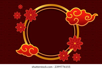 Vector Chinese new year illustration red ornament background with asian elements, flowers and round banner