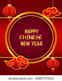 Vector Chinese new year illustration red ornament background with asian elements, lanterns and round banner