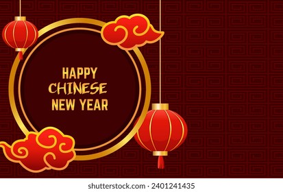 Vector Chinese new year illustration red ornament background with asian elements, flowers and round banner