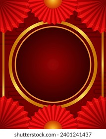 Vector Chinese new year illustration red ornament background with asian elements, flowers and round banner