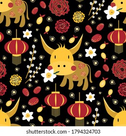 Vector Chinese new year of the ox seamless pattern background. Cute gold kawaii bull holding a lucky narcissus flower, lanterns, paper cut peonies, pomelo fruit, pussy willow. Calendar symbol of 2021