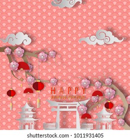 Fondo de corte de papel vectorial chino para el diseño de tarjetas de felicitación. Ilustración de medios.