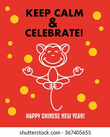 Vector chinese new year postcard template. Flyer, leaflet, invitation design. Celebration poster, placard illustration. Monkey year insignia. Advertisement template.