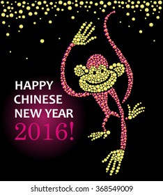 Vector chinese new year postcard template. Flyer, leaflet, invitation design. Celebration poster, placard illustration. Monkey year insignia. Advertisement template.
