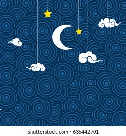 Vector chinese night sky background stars and moon.