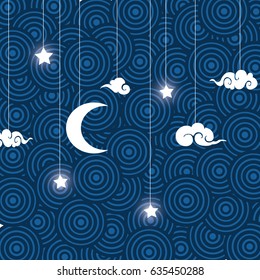 Vector chinese night sky background moon , stars and Cloud.