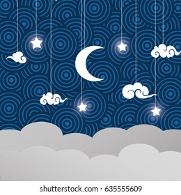 Vektorillustration chinesische Nachthimmel Sterne und Mond.
