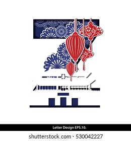 Vector of Chinese Oriental style in alphabet letter Z with Traditional Chinese House and Lanterns . For Chinese New Year Celebration. Traditional Chinese style.