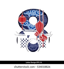 Vector of Chinese Oriental style in Letter number tape eight with Traditional Chinese House and  Lanterns. For Chinese New Year Celebration.