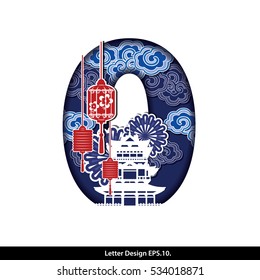 Vector of Chinese Oriental style in Letter number tape Zero with Traditional Chinese House and  Lanterns. For Chinese New Year Celebration.