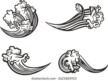 Vector Chinese ornamental designs of sea and ocean waves. Wave circles. Non-AI. Asian traditional wave illustrations in line art style, great for greeting cards, T-shirts, backgrounds. Ready-to-cut.