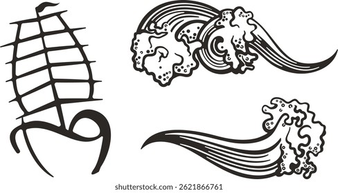 Vector Chinese ornamental designs of a ship and ocean waves. Non-AI created. Asian traditional sea wave illustrations in line art style, great for greeting cards, T-shirts, backgrounds. Ready-to-cut.