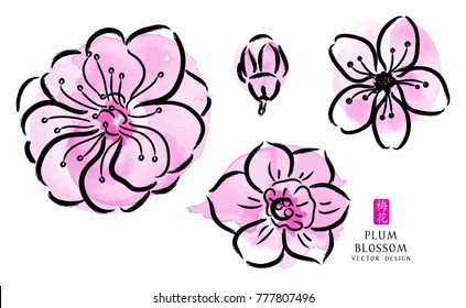 Vector Chinese paint brush style with plum blossom. Chinese characters mean plum blossom.