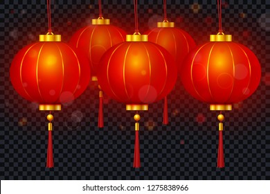Vector Chinese red traditional hanging paper glowing lanterns isolated on transparent background. Happy Chinese New Year realistic decoration set.