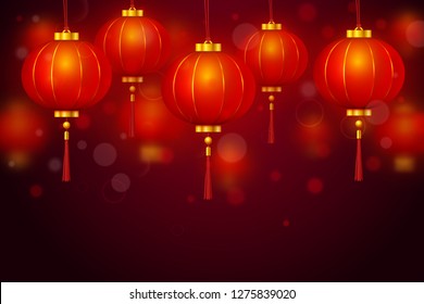 Vector Chinese red traditional hanging paper glowing lanterns on dark background. Happy Chinese New Year realistic decoration holiday banner