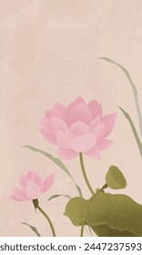 Vector Chinese style pink lotus vertical illustration