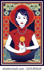 Vector of Chinese style woman holding a Mooncake on a colorful background with a frame is combination of Chinese and Art Nouveau patterns. Illustration for the Mid-Autumn Festival