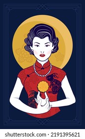 Vector of Chinese style woman holding a Mooncake on yellow full moon background with frame is combination of Chinese and Art Deco. Illustration for the Mid-Autumn Festival