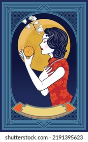 Vector of Chinese style woman holding a Mooncake on yellow full moon background with frame is combination of Chinese and Art Deco. Illustration for the Mid-Autumn Festival