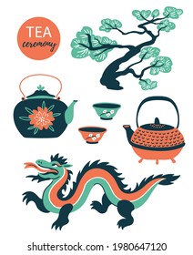 Vector Chinese tea ceremony collection in Flat trendy hand-drawn style. Set of various tea equipment for gong fu cha. Objects Isolated on white background. Teapot, cups and Chinese dragon.