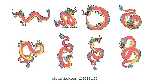 Vector Chinese Traditional Dragons Set Characters Illustration Isolated