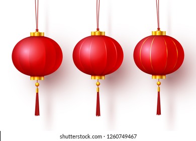 Vector Chinese traditional hanging red realistic lanterns isolated on white background. Decoration set