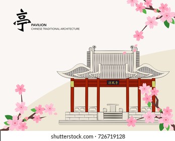Vector Chinese Traditional Template Series Architecture Building stone pavilion pink cherry blossom. The translation for the Chinese word is pavilion and pavilion of cool wind.
