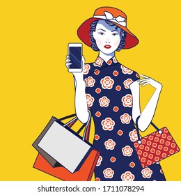 Vector of Chinese Vintage Lady Holding Shopping bag and Mobile phone. 