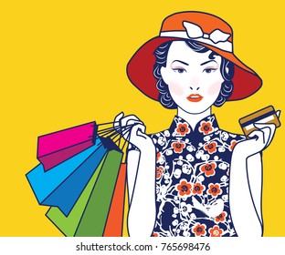 Vector of Chinese Vintage Lady Holding Shopping bag and Credit Card.