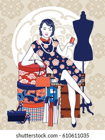 Vector Of Chinese Vintage Lady With Present Box, Shopping Bag, Vintage Grunge Travel Suitcase And Accessories In Fashion Shopping Action On Brown Background.