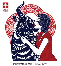 Vector Chinese woman hug the Ox paper cutting style with Chinese character on the top left means Chinese Zodiac Sign Year of Ox, Happy Chinese New Year 2021 year of the ox 