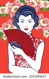 Vector of Chinese woman pop art style holding a fan on  colorful Chinese flower background. Illustration.