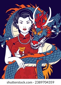 Vektorgrafik chinesischer Popkunst in roter traditioneller Cheongsam Kleidung, die goldfarben mit Drachen auf blauem Hintergrund hält. Chinesisches Neujahrsfest. Jahr des Drachen. Vektorgrafik 