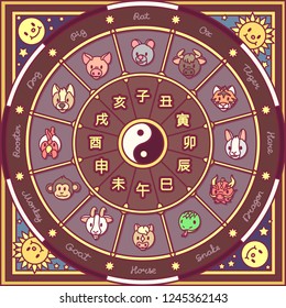 vector chinese zodiac circle. cute astrology horoscope