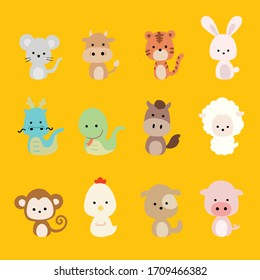 Vector Chinese Zodiac Signs. Digital Hand Drawings of Cute Animal Characters set.