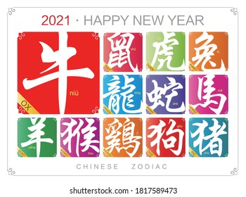 Vector Chinese zodiac signs with the year of the Ox in 2021