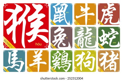 Vector Chinese zodiac signs with the year of the Monkey in 2016