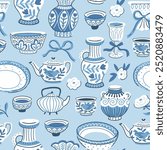 Vector Chinoiserie ceramic seamless pattern. Vintage teapot, cups, flowers and bow in blue color. Stylish hand-drawn tableware collection. Chinoiserie ceramics for chinese tea ceremony.