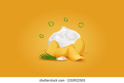 Vector Chips with Onion and Sour Cream. Food illustration. 

