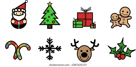 Vector chirstmas icon set, lollipop, snow flake, reindeer, mistletoe, cookies, gifts, presents, tree, santa claus