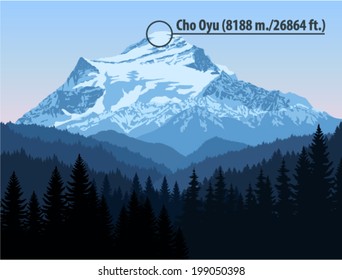 Vector Cho Oyu mountain is the sixth highest mountain in the world. Himalayas