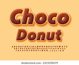 Vector Choco Donut Alphabet set. Tasty glazed Font. Delicious Cake Letters, Numbers and Symbols