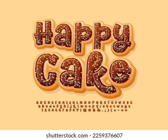 Vector choco Emblem Happy Cake. Funny handwritten Font. Sweet Donut Alphabet Letters and Numbers set