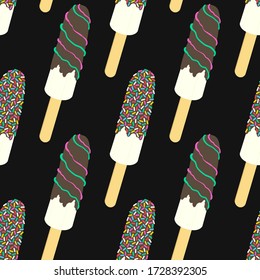 vector chocolate banana stick seamless pattern on black