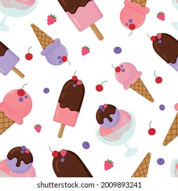 Vector chocolate and berries ice cream semless pattern. Cartoon colorful illustration isolated on white background