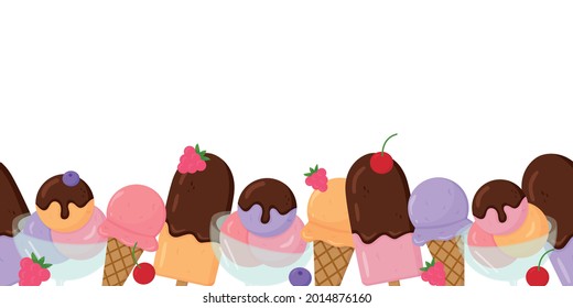 Vector chocolate and berries ice cream seamless border. Cartoon colorful illustration isolated on white background