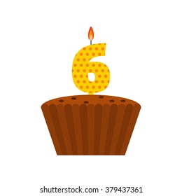 Vector chocolate biscuit birthday cake with a candle number 6 in flat style. Icon of cupcake with pieces of chocolate, raisin. For birthday party invitation, cards design. Sixth birthday celebration