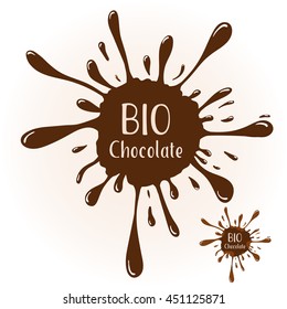 Vector chocolate blot with text "BIO Chocolate". Chocolate badge template for various use. Blot with highlights.