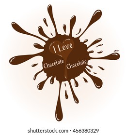 Vector chocolate blot with text "I love Chocolate". Chocolate badge template with chocolate heart. Blot with highlights.